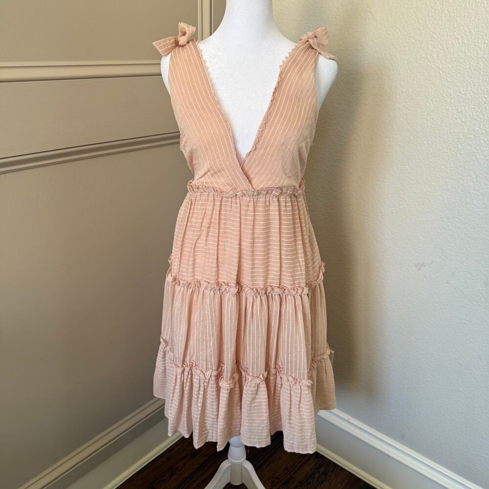NWT Lulus One to Remember Blush Pink Tie-Strap Tiered Babydoll Dress L 1432876